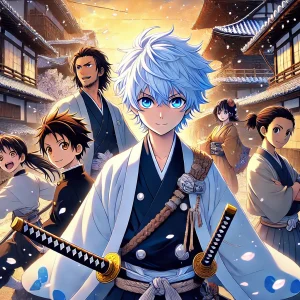 江戸時代の街並みに、ちにぬにおを中心とした新選組のﾍﾞﾝﾊﾞｰが名なんでいる画像