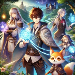 『精霊幻想記』の主要キャラクターが描かれた幻想的なイラスト。主人公リオと仲間たちが魔法の森で活躍する場面。