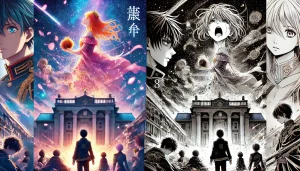 星降る王国のニナのアニメ版と漫画版の対比が描かれたシーン。星空を背景に、鮮やかなアニメと詳細なモノクロ漫画が融合している。