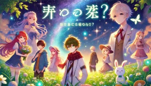 星降る王国のニナの主人公と仲間たちが星空の草原に集うシーン。幻想的な光と緑豊かな風景が初めての視聴者にも親しみやすい雰囲気を醸し出している。
