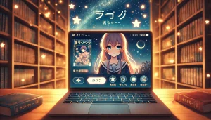 星降る王国のニナが表示された使いやすい漫画アプリ画面。星が浮かぶ本棚を背景に、安全で楽しい読書体験を象徴するデザイン。