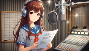 音ブースで台本を持つ声優姿の少女のクローズアップ