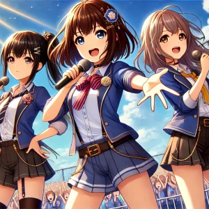 屋外ステージで歌う3人の少女たち