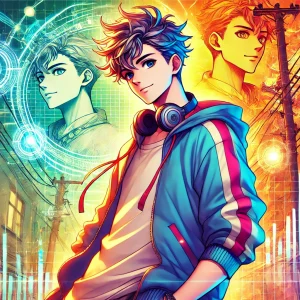 ダンダダンのジジがユーモアと自信に満ちたポーズをとる。背景にはカラフルで超自然的な要素が組み合わさった幻想的なデザインが広がる。
