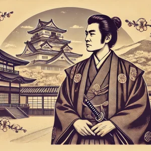 平間重助のイメージを持つ侍が、京都を思わせる静かな背景で描かれた風景。伝統的な日本建築と桜が特徴