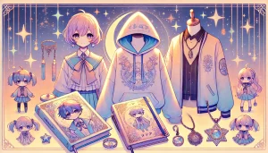 星降る王国のニナのファッションアイテムと文房具。キャラクターが描かれたフーディーやジュエリー、装飾的なノートが星空を背景に輝いている。