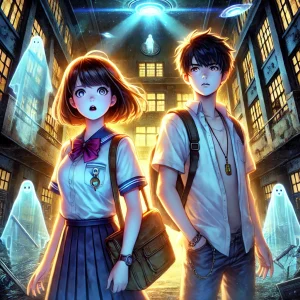 廃墟の病院の中で、霊媒師の女子高生とオカルト好きの男子高校生が不気味な雰囲気の中に立っている。背景には幽霊やUFOの光が漂い、超自然的な要素が溢れている。