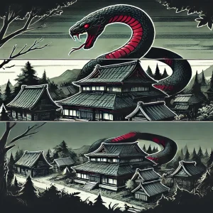 伝統的な日本の農村と蛇を連想させる大邸宅を描いています。