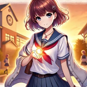 夕焼けの学校を背景にしたさわきりんの姿。