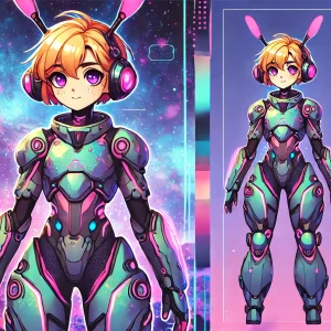 宇宙を背景に立つバモラが描かれた鮮やかなイラスト。金髪のショートヘアとピンクの触角、高性能な怪獣スーツが特徴。