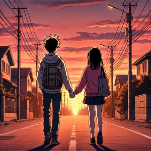 モモとジジが夕暮れに並んで歩く後ろ姿