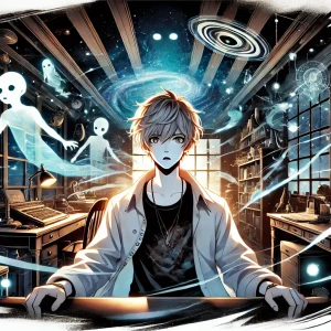 『ダンダダン』のキャラクター・ジジが緊張した表情で部屋に座り、幽霊や宇宙人の気配に囲まれた不穏な雰囲気のイラスト