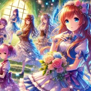 スバル、エミリア、レム、ラムが幻想的な水門都市プリステラの背景に立つ壮大なシーン。