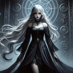 「リゼロ」の世界観を表現する幻想的な背景に、謎めいた女性のシルエット（パンドラ）を配置